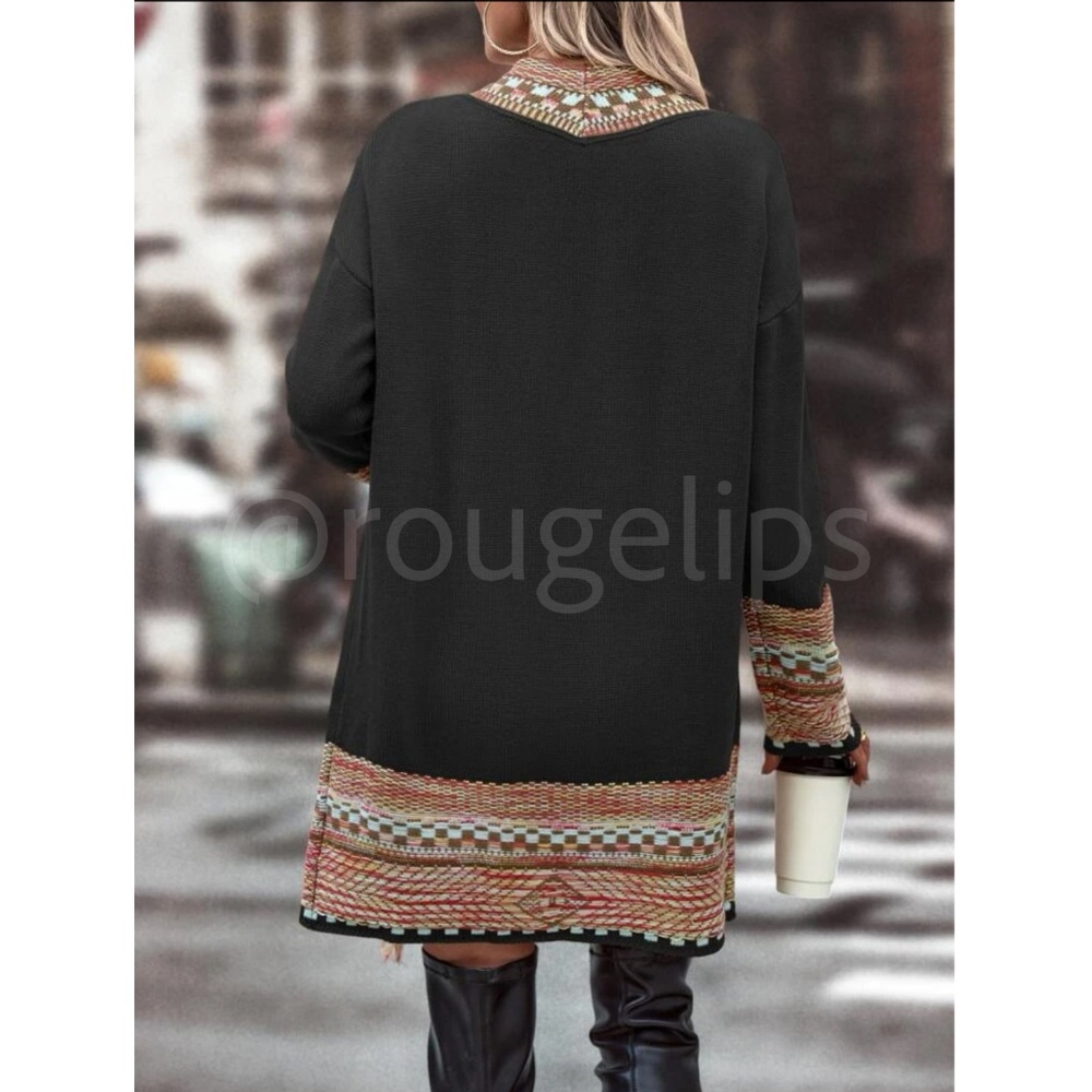 Black Cardigan Aztec Western Bohemian Print Knit Long Sleeve - Picture 5 of 16